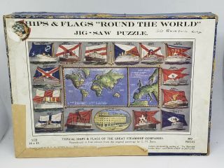 Vintage A.  V.  N.  Jones Wooden Jigsaw Puzzle Steamship Ships & Flags Of The World