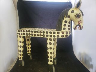 Vtg Antique Wood Carved Folk Art Horse 23 " Hand Painted Bench Childs Seat Rare