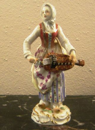 Antique 19th C Meissen German Peasant Woman Hurdy Gurdy Player Figurine Mark