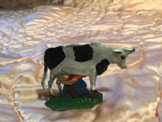 Vintage German Flat Lead Metal Toy Woman Milking Cow Farm Scene Miniature