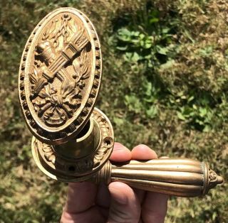 Rare Antique 1890s Brass / Bronze Masonic Torch Door Knob Set With Handle Vtg
