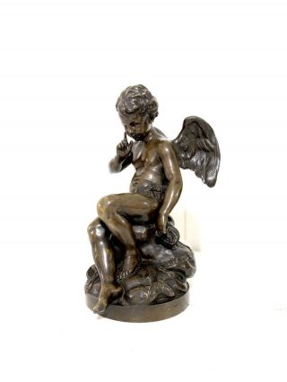 French Antique Bronze Sculpture Of Seated Cupid " Jeunes " After Charles Sauvage