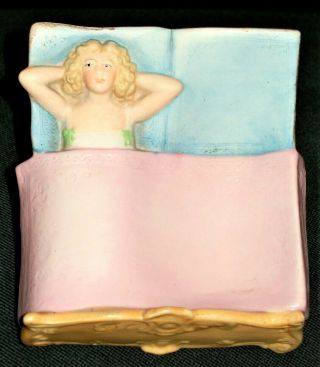 ANTIQUE GERMAN DECO SCHAFER VATER NAUGHTY LADY IN BED RARE BISQUE TRAY FIGURINE 2