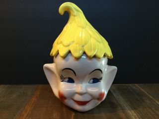 Large Vintage Elf Pixie Pottery Ceramic Cookie Jar W/ Yellow Leaf Hat Euc