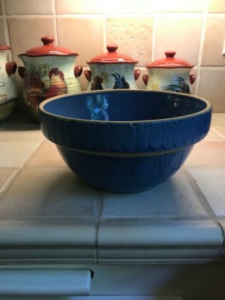 Vintage Large Blue Wide Rim Pottery Stone Ware Kitchen Mixing Bowl