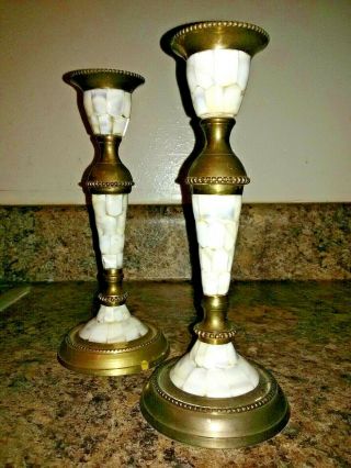 Vintage Candle Stick Abalone Shell Brass Holders Set Of 2