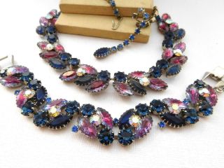 Vintage Juliana D&e Blue Pink Rhinestone Necklace Bracelet Set Q1