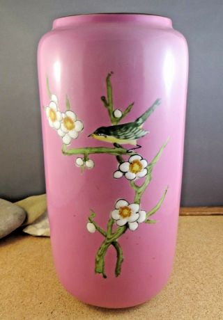 Large Vintage Japan Pink Pottery Bird & Apple Blossom Floral Vase Gold Gilt
