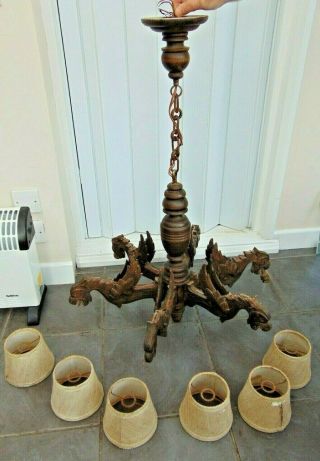 Antique Vintage French Carved Wood 6 Arm Chandelier Gothic Griffin Gargoyle