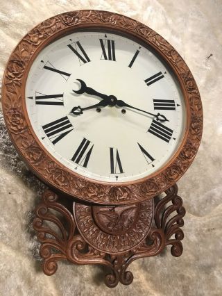 Unusual Rare Vintage Wall Striking Clock With Oak Carving Case And Pendulum