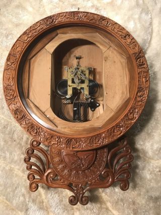 UNUSUAL RARE VINTAGE WALL STRIKING CLOCK WITH OAK CARVING CASE And PENDULUM 3