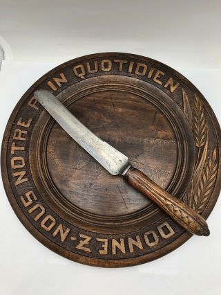 Antique French Hand Carved Wooden Bread Board & Matching Bread Knife