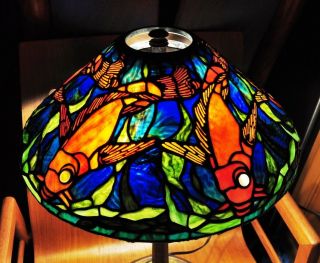 Exquisitely Made Tiffany Studios Style Koi Fish Lamp Shade Leaded Stained Glass