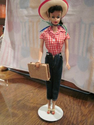 Vintage Brunette Ponytail Barbie Doll In Picnic Outfit