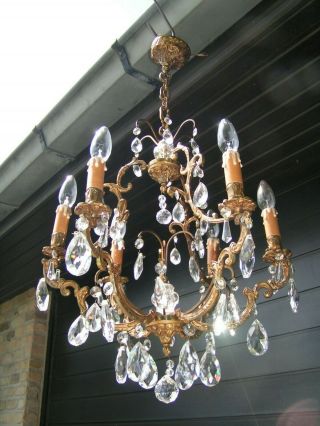 Very Attractive Vtg French 6 Lt Cage Chandelier With Shining Pendants - Drops.