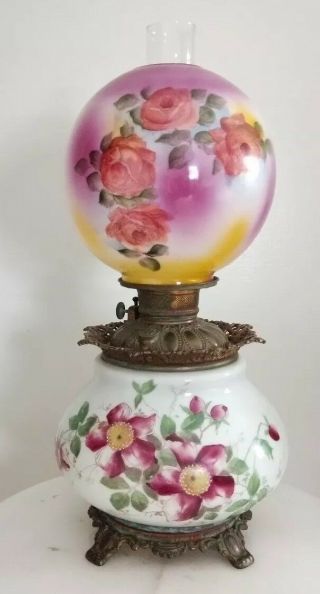 Antique Victorian Era Gone With The Wind Oil Lamp Hand Painted Roses Converted