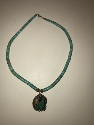 Vintage Native American Turquoise Bead Necklace W/ Bearclaw Pendant