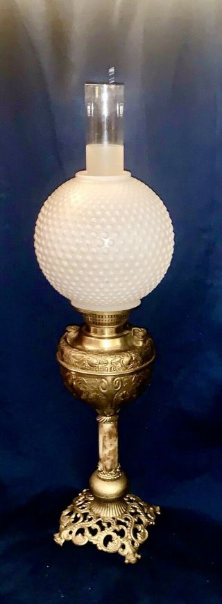 Antique 30” Kerosene Oil Parlor Banquet Gwtw Miller Meteor Lamp & Shade