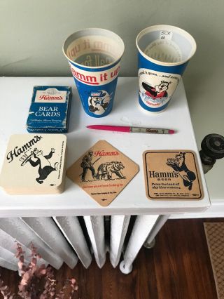 Vintage Hamms Stuff Wax Cups Coasters Cards Pen
