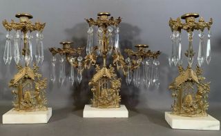 3pc Antique 19thc Victorian Brass Old Bear Honey Bee Hive Candlestick Candelabra