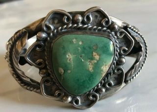 " Signed " Heavy (2.  3 Oz) Vintage Navajo Green Turquoise & Sterling Cuff Bracelet
