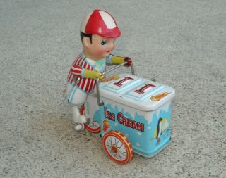 Vintage Tin Toy Wind Up Ice Cream Vendor Bicycle Winding Mechanism Not