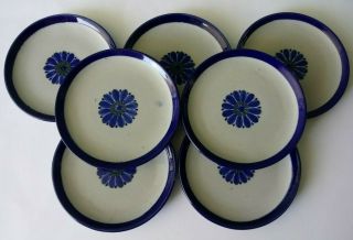 Tonala - Ken Edwards Mexican Art Pottery Dessert Plates - Set Of 7 - Blue Flower