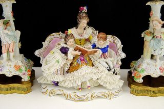 Gorgeous 3 Pc Dresden Porcelain Figural Group & Pr Lamps