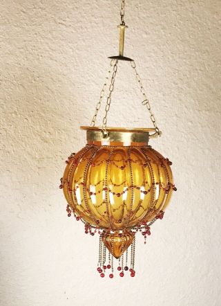 Vtg Hundi Lantern Hanging Lamp Brass Chain With Glass Beads & Amber Glass