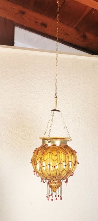 VTG Hundi Lantern Hanging Lamp Brass Chain With Glass Beads & Amber Glass 2