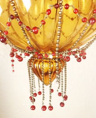 VTG Hundi Lantern Hanging Lamp Brass Chain With Glass Beads & Amber Glass 3