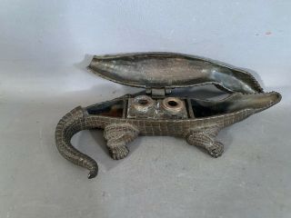 Antique LINTON Reptile CAST IRON Figural ALLIGATOR STATUE Old DOUBLE INKWELL 2