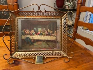 Vintage Last Supper Picture Mirror Mount Brass Tray Frame 14 " X 18 " Religious
