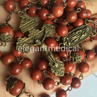 Red Carnelian Rose Beads Vintage Catholic 5 Decade Rosary Necklace Pardon Cross
