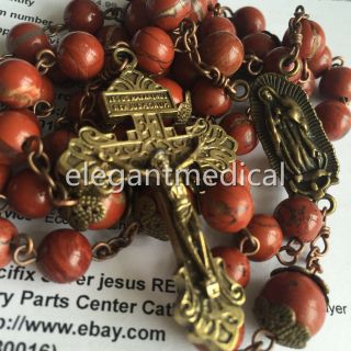 Red Carnelian Rose beads Vintage Catholic 5 DECADE Rosary Necklace Pardon Cross 3