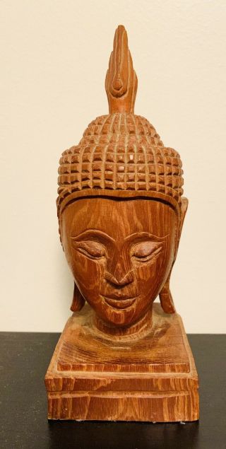 Hand Carved Wooden Buddha Head With Pointed Ushnisha