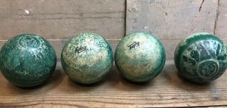 Set Of 4 Vintage Trophy Duckpin Bowling Balls - Green Swirl / Marble - Candlepin