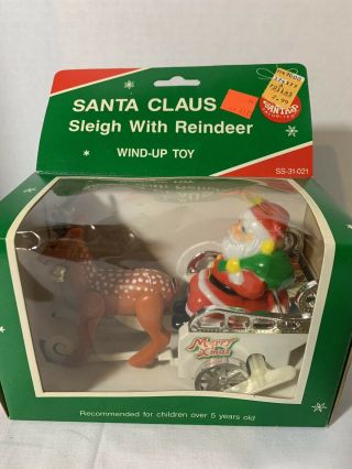 Vintage Animated Wind Up Santa With Reindeer/sleigh Toy