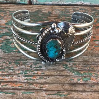 Navajo Silver And Turquoise Bracelet N R