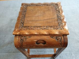 Antique Vintage Wooden Hand Carved Sewing Stool Bench With Drawer Rare Portable