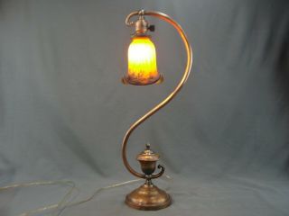 Rare Antique Art Nouveau Copper Table Lamp Le Verre Francais Art Glass Shade