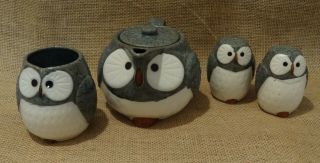 Japanese Kotobuki Lucky Gray Owl Tea Pot Ceramic Cup Salt And Pepper Shakers