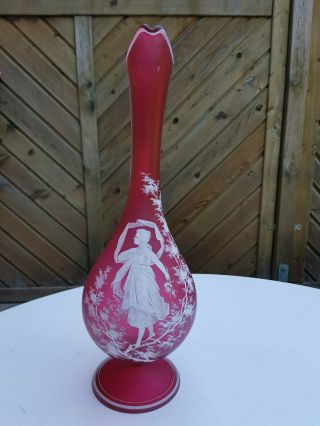 Large Cranberry Red Victorian Footed Glass Jug Fine Mary Gregory Enamel Painting