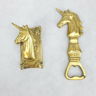 Vtg Solid Brass Unicorn & Fleur - De - Lis Bottle Opener Paper Clip Letter Holder
