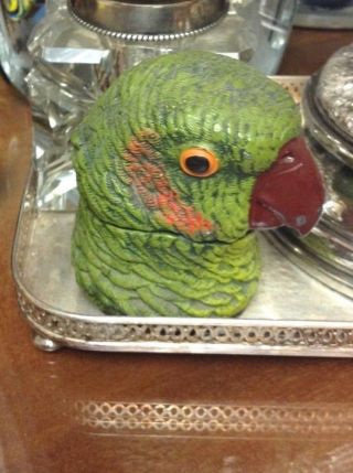 & Antique 19th C.  Hand - Painted Bronze Parrot Inkwell