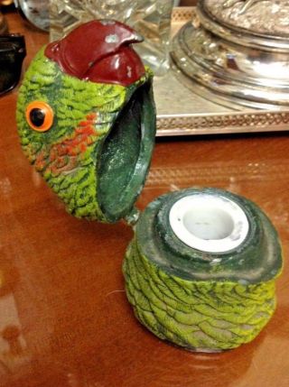 & Antique 19th C.  Hand - Painted Bronze Parrot Inkwell 2