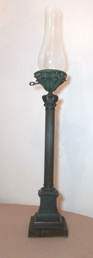 Antique Ornate Patinated Bronze Column Electric Table Oil Lamp
