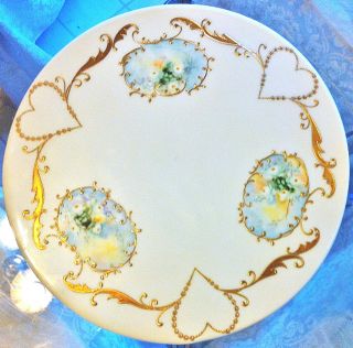 Vintage Limoges Hand Painted Cake Plate,  12 ",  Gorgeous,  Gold Hearts & Daisies
