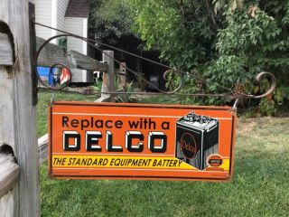 Rare Vintage Porcelain 49’ 2 - Sided Delco Battery Sign With Bracket Harley Ford
