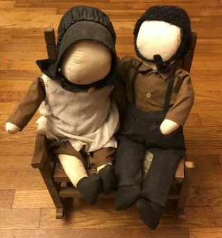 Vintage Amish Dolls Traditional Faceless Cloth Woman And Man 19”